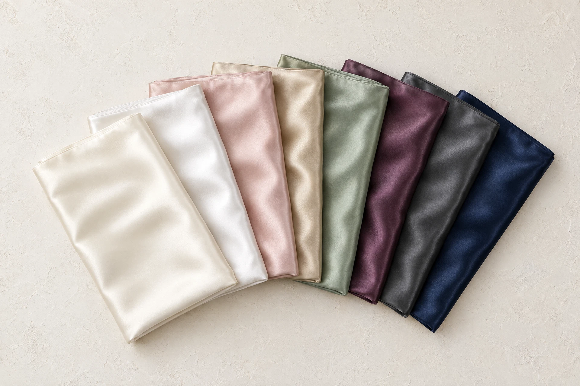 Eight folded silk pillowcases in ivory, pearl, blush, champagne, sage, plum, charcoal and midnight.