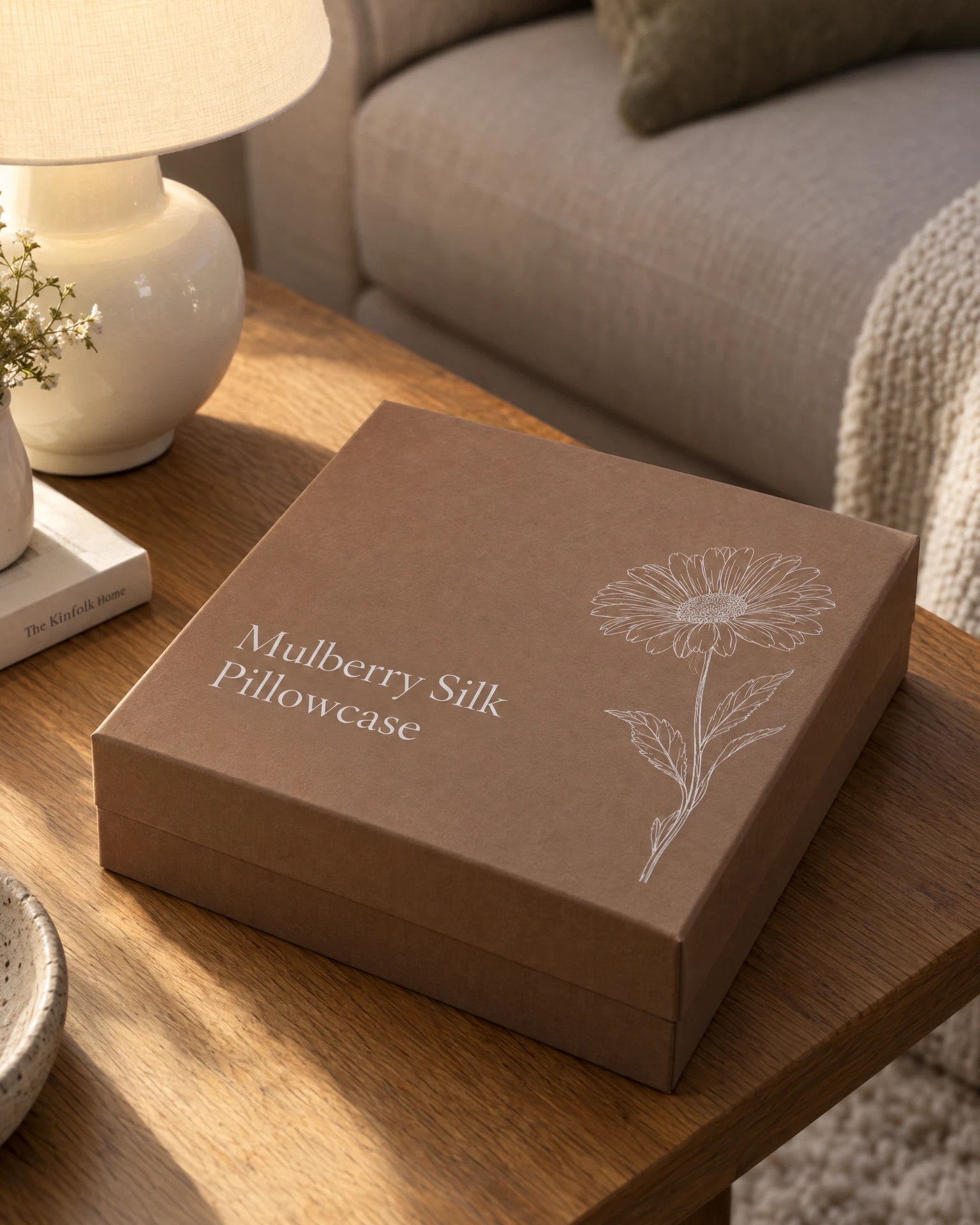 The closed caramel gift box on a wooden side table beside a lamp, printed with the words Mulberry Silk Pillowcase and a fine white line drawing of a single daisy.