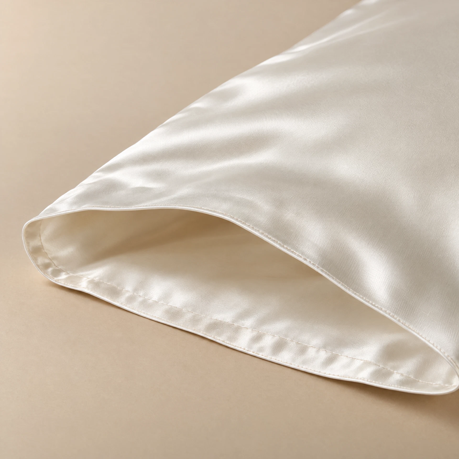Close-up of the open end of the silk pillowcase: a clean finished edge with no zipper and no closure hardware.